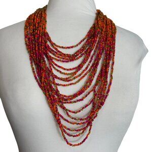 Multi Strand Seed Bead Necklace Orange Red Gold Tone Boho Ethnic Statement